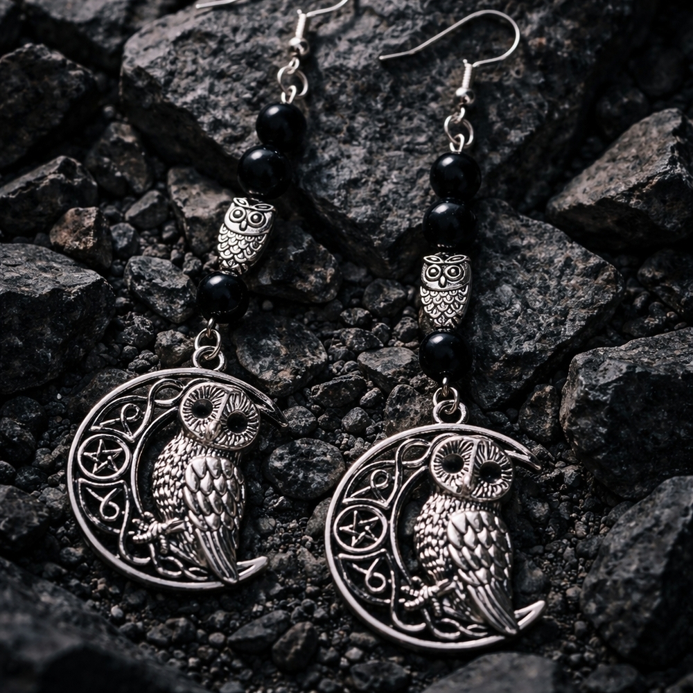Mystical Silver Owl Earrings with Black Tourmaline Beads Hypoallergenic 925 Hook
